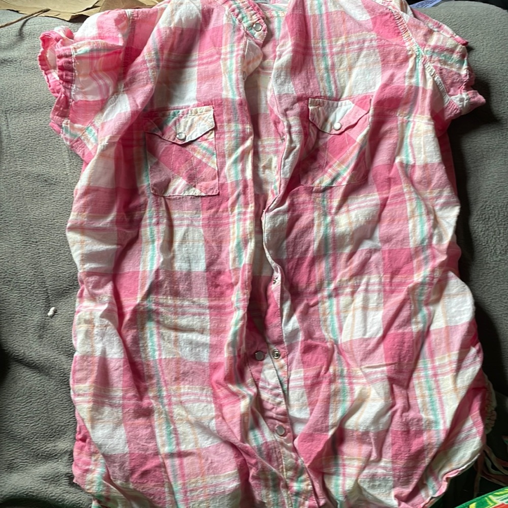 Pink, white, green, orange, and yellow button up blouse with ruffle sleeves